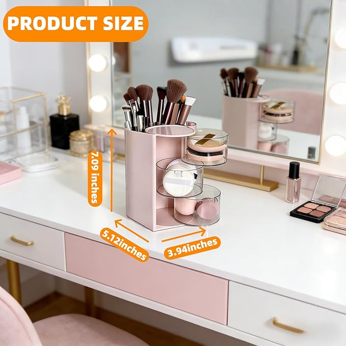 3-Layer Rotating Makeup & Jewelry Organizer with Hair Brush Holder, Vanity Organizer for Earrings, Necklaces, Rings, Bracelets, Hair Clips and Makeup Brushes (Pink)