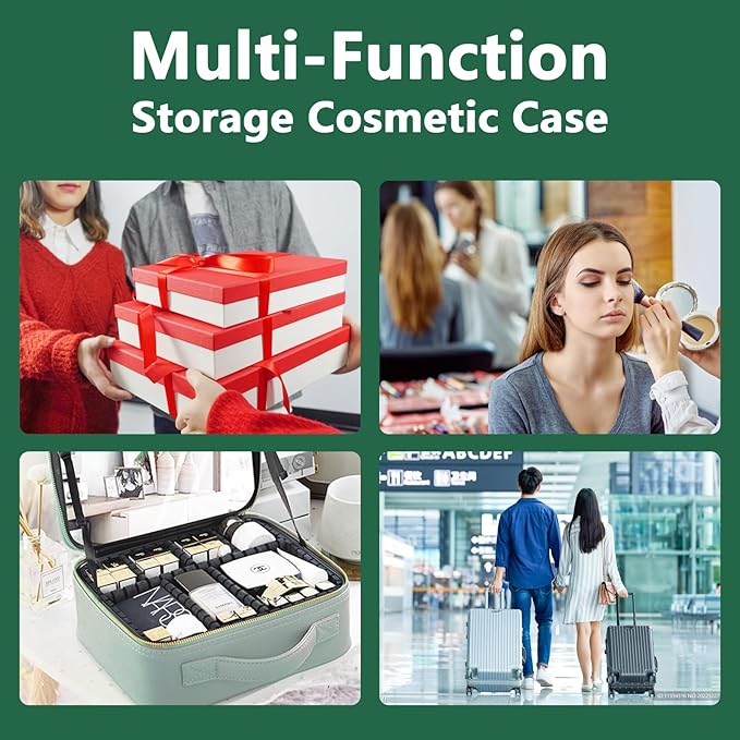 Makeup Bag with Led Mirror,Large Vanity Makeup Cases with 3 Color Setting,Portable Storage and Adjustable Dividers,for Women and Makeup Artists Cosmetic Organizer Travel Makeup Bag-Dark Green