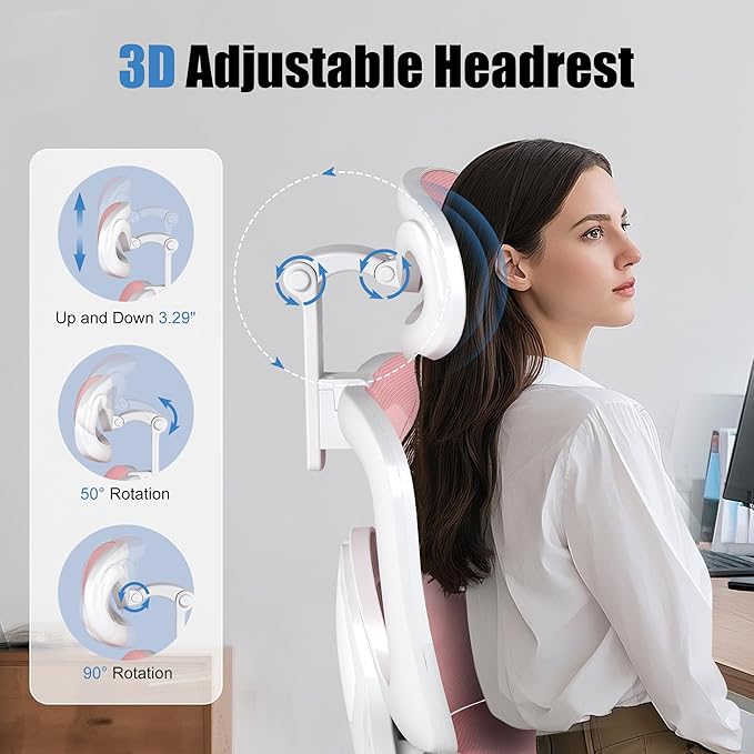Ergonomic Office Chair with Adjustable Lumbar Support, 3D Arms and Headrest, High Back Wide Desk Computer Chair with Wheels, for Home & Office, Pink