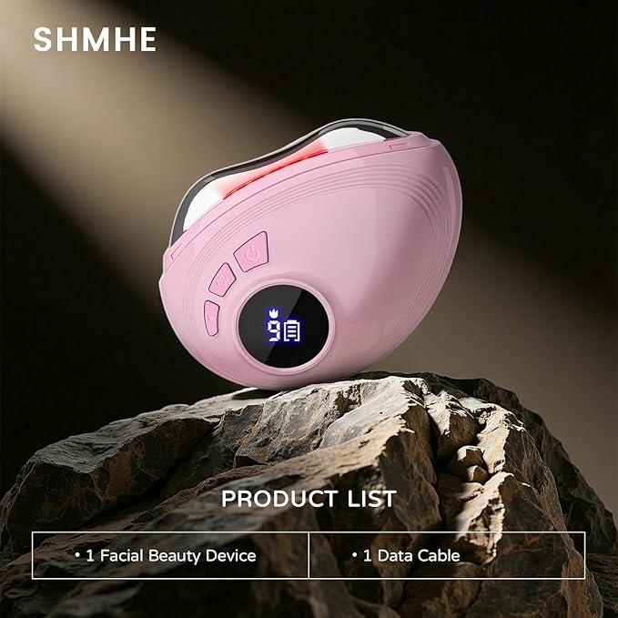 Professional LED Red Light Gua Sha Massager, 9-Level Adjustable Face and Neck Sculptor for Skin Firming, Jawline Contouring & Serum Absorption, Portable Metal Facial Skincare Tool - Pink