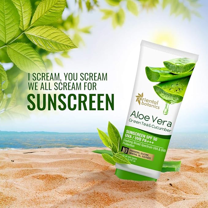 Oriental Botanics Aloe Vera, Green Tea & Cucumber Sunscreen SPF 50 UVA/UVB PA+++, 100ml