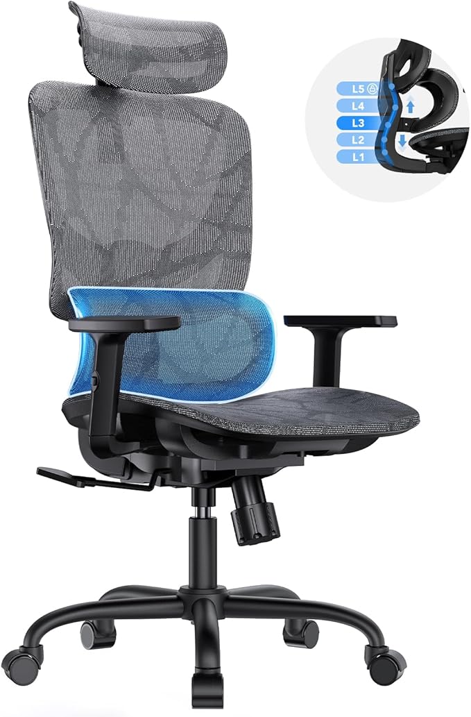 HUANUO Ergonomic Mesh Office Chair with 5-Level Lumbar Support, Computer Gaming Chair with Adjustable Headrest & Armrests, Rocking Tilt, Comfortable High Back Desk Chair for Home Office