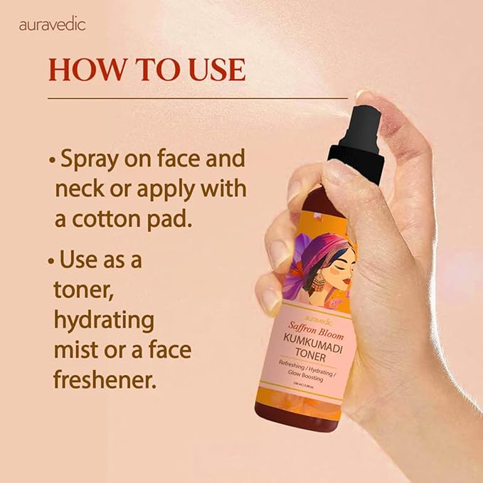 Auravedic Kumkumadi Facial Toner & Face Mist | Alcohol-Free Hydrating Toner Spray with Saffron, Sandalwood & Manjistha | Helps Minimize Pores & Balance Skin | 3.38 Fl Oz (100ml)