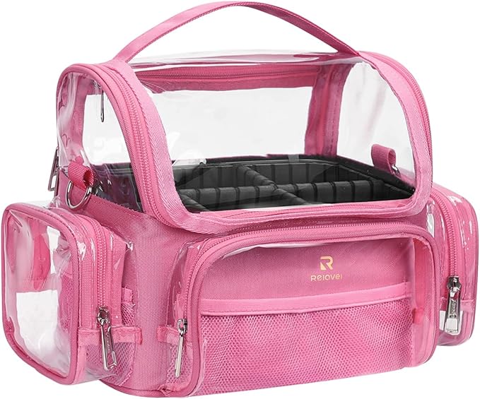 Pink Makeup Brush Bag, Large Makeup Brush Holder Professional Makeup Artist Travel Case Clear Waterproof Cosmetic Organizer Bag, Full Open Easy to Access, with Adjustable Strap and Dividers
