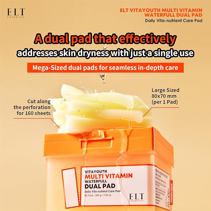 ELT Multi Vitamin Mega Dual Sized Toner Pads - 100% Vegan Certified with Niacinamide for Uneven Skin Tone - Cleansing & Deep Hydrating Dual Sided Toner Pads - Korean Skin Care, 80 Pads