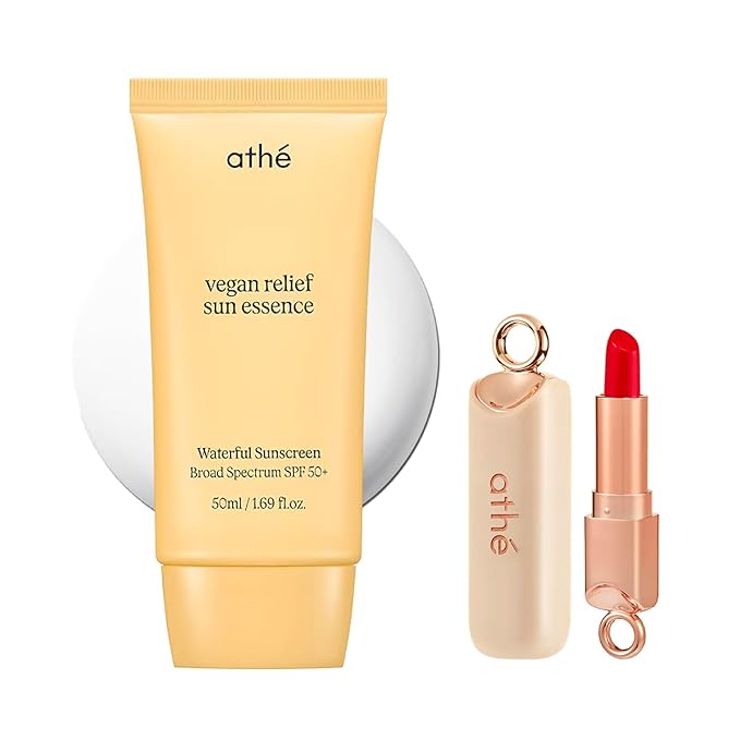 athé Vegan Relief Sun Essence SPF 50+ Broad Spectrum – Lightweight Hydrating Face Sunscreen, No White Cast, Includes Mini Tinted Lip Balm (04 Brave, 0.04 oz) | Vegan K-Beauty (1.69 fl oz)