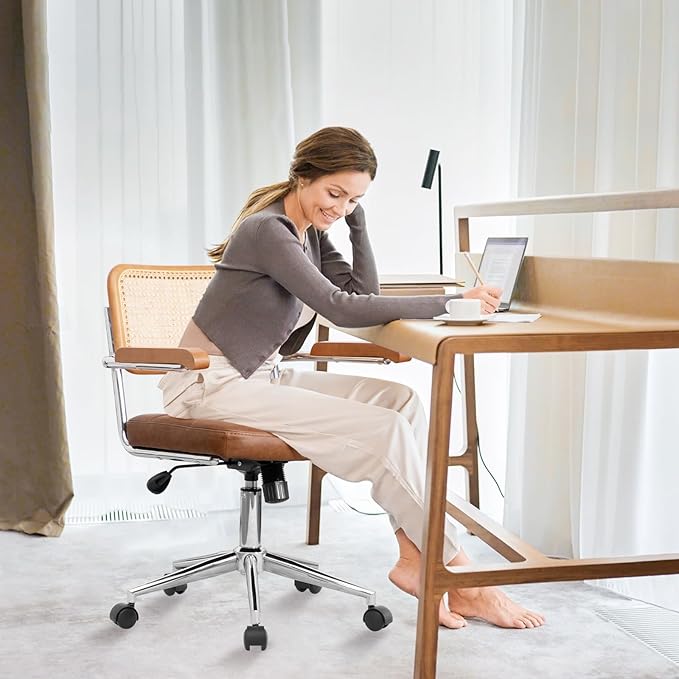 Rattan Office Chairs, Modern Desk Chair with Natural Rattan Back & Wood Armrest, Small Upholstered Tufted Leather Home Office Desk Chairs for Home Ofice, Bedroom, Study (Brown, Genuine leather)