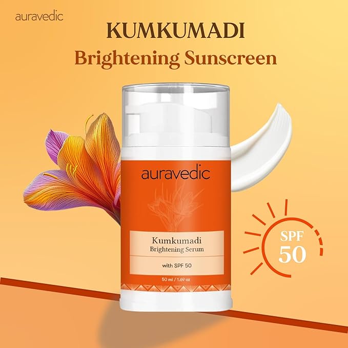 Auravedic Kumkumadi Face Serum Sunscreen SPF 50 | Lightweight Broad Spectrum Daily Face Sunscreen with Saffron | Non-Greasy Moisturizing Sun Protection for Smooth Even-Looking Skin | 1.76 Oz (50g)