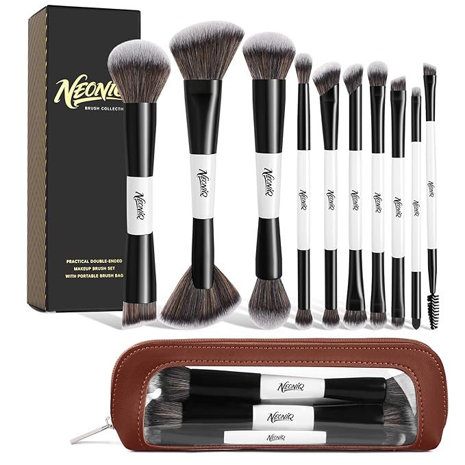 10 PCS Travel Makeup Brush Set With Bag, Makeup Brushes, Double-End Multi-functional Brushes for Foundation Powder Blush Eyeliner Eyeshadows, Professional Face Brush Set（White）