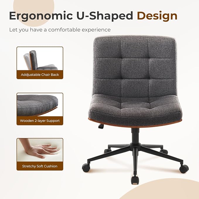 Furnimart Heavy-Duty FSC Wooden Wide Desk Chair, 360° Swivel Criss Cross Office Chair with Wheels, Comfy Cross Legged Sitting, Armless Rolling Chair for Bedroom, Office, Vanity(Linen Gray)