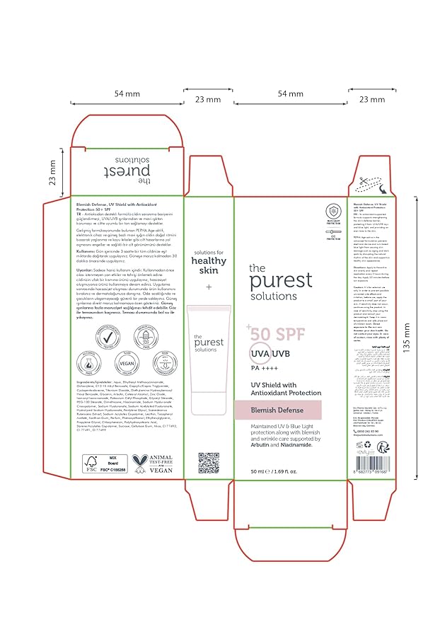 The Purest Solutions Blemish Defense (UV Shield with Antioxidant Protection SPF 50+) - 8h UVA Protection, Arbutin & Niacinamide for Skin Tone Harmonization and Moisturizers - Vegan (50 ml)
