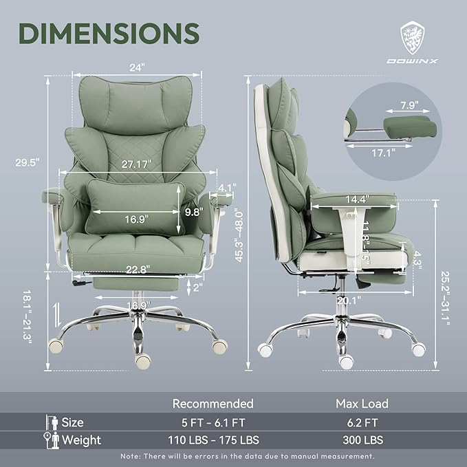 Dowinx Big and Tall Office Chair with Pocket Springs Cushion,High Back Computer Gaming Chairs with Adjustable Armrests,Executive Desk Chairs with Lumbar Support and Footrest,PU Leather-Green