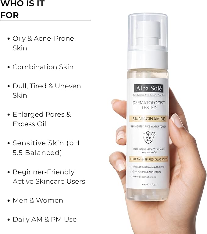 5% Niacinamide Face Toner with Fermented Rice Water | pH 5.5 Balancing Toner | Hydrates, Refines Pores & Brightens for Glass Skin | Dermatologist Tested | 100 ml (3.38 fl oz)