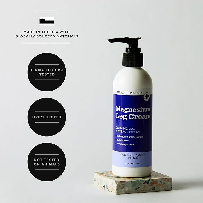 Miracle Plus Magnesium Cream For Leg Relief | Magnesium Lotion Calming Leg Cream Herbal Moisturizer Topical Body Butter Soothes + Calms Sensations, Itching, & Shaking, 8 Oz