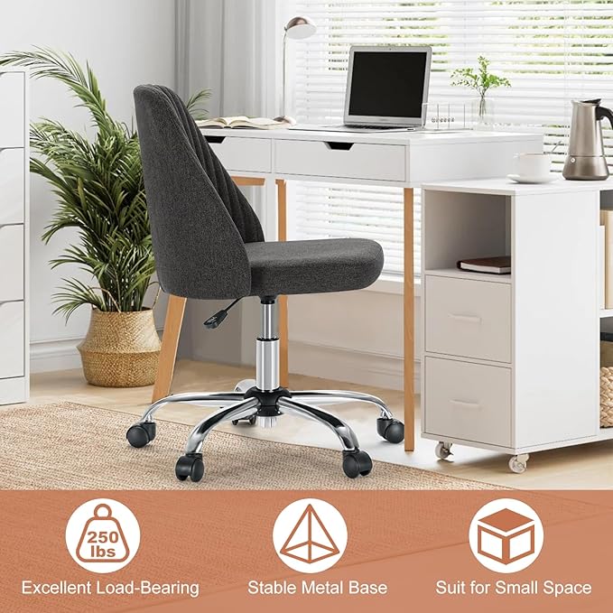 DUMOS Office Chair, Comfy Desk Chair Rolling Vanity Swivel Task Chairs with Wheels, Wide Seating Armless Height Adjustable Computer Chairs for Home,Bedroom,Student,Adults, Gunmetal Gray