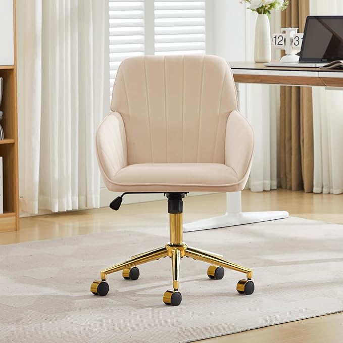 YITAI Velvet Office Desk Armchairs with Gold Base and Wheels,Modern Height Adjustable 360 Degree Swivel Upholstered Vanity Chairs for Living/Room Bedroom/Study,Khaki