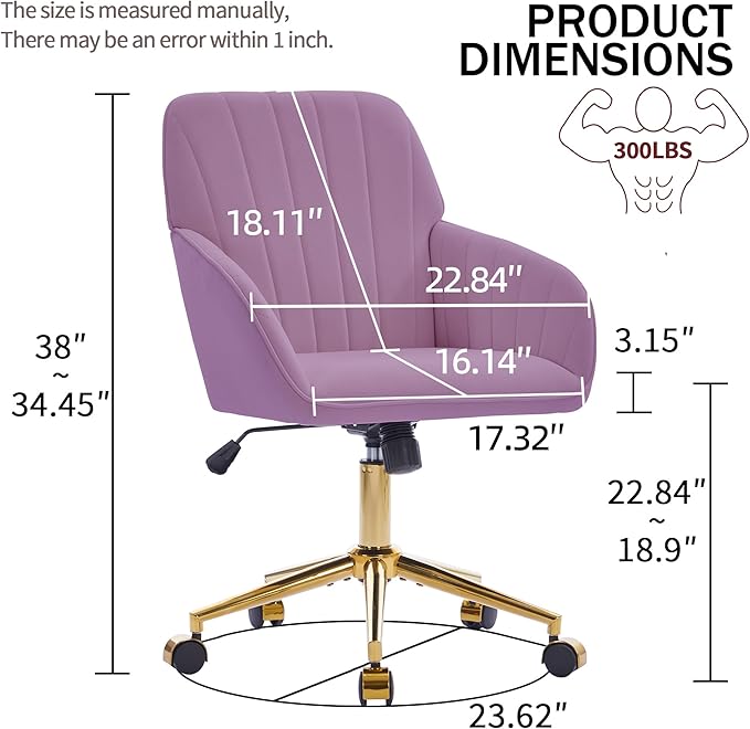 YITAI Velvet Office Desk Armchairs with Gold Base and Wheels,Modern Height Adjustable 360 Degree Swivel Upholstered Vanity Chairs for Living/Room Bedroom/Study,Light Purple