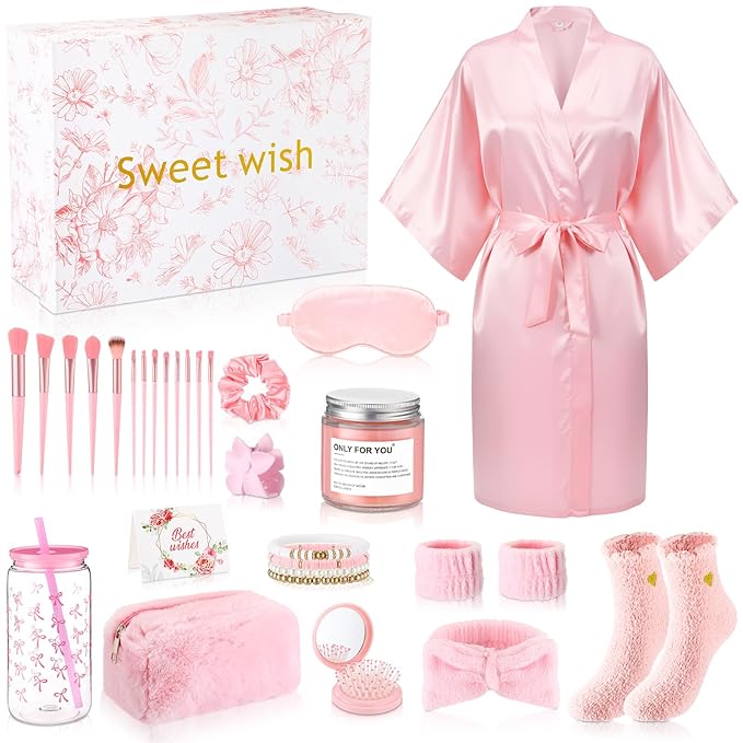 15 Pcs Birthday Gifts for Women Robe Sets for Women Spa Basket Set Graduation Gifts Bath Robe Make up Brushes Scented Candle Fluffy Socks Coffee Cup for Mom Nurse Girlfriend Wife(Pink)