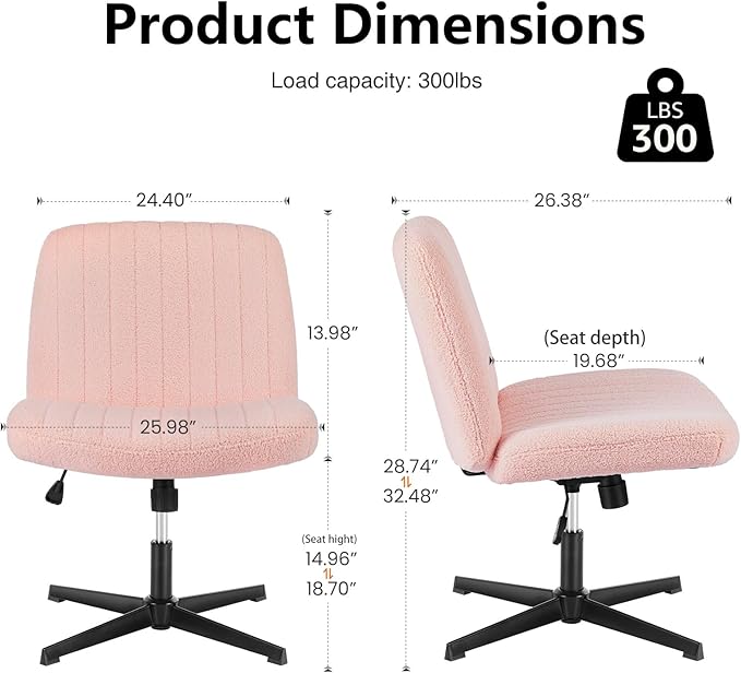 Sweetcrispy Criss Cross Chair Legged, Armless Office Swivel Desk Chair No Wheels, Vanity Height Adjustable Wide Seat Comfy Cute Computer Task Seating for Home Bedroom