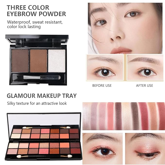 All in One Makeup Kit for Makeup storage bag 2X14 Colors Eyeshadow Palette Liquid Foundation Eyeliner Pencils Contouring Stick 20Pcs Make up Brushes For Women Girls Teens (Pink)