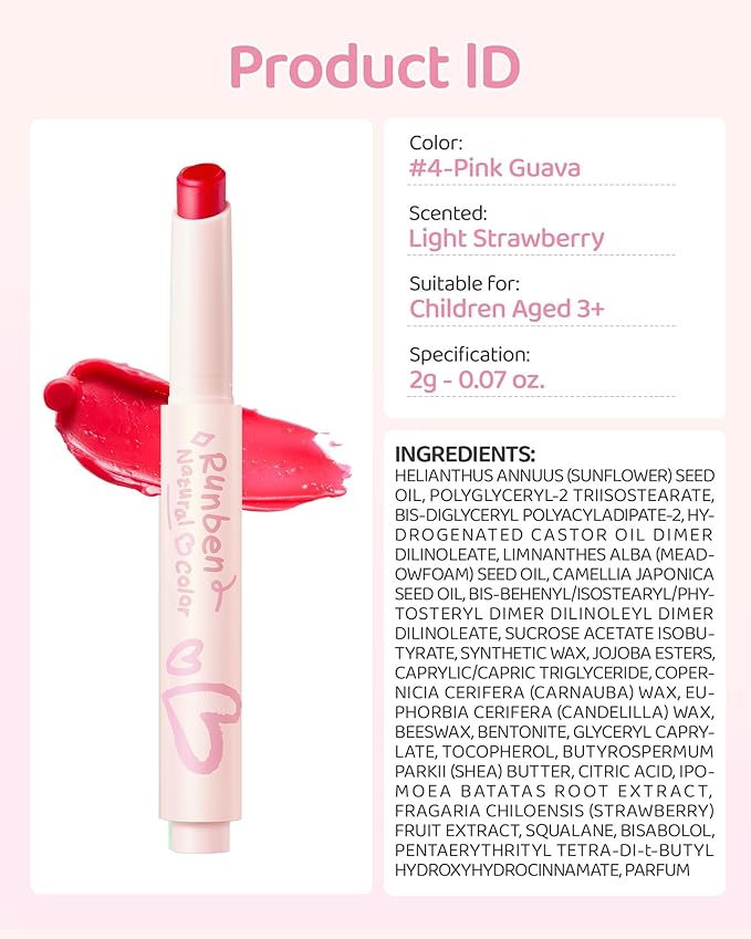 RUNBEN Kids Tinted Lip Balm, Pink Guava Lips Gloss, 24H Moisturizing, Safe & Non-toxic Lipstick for Kids & Teen, Birthday Makeup Gift for Girls