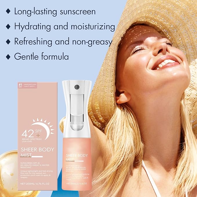 Sunglaze Sheer Body Mist Sunscreen SPF 42, Infused with Shimmering Body Oil, Hydrating Mist, Hydrates, Gives Skin a Glowy Finish, Lightweight, Gives Skin A Glowy Finish-6.76 Fl Oz