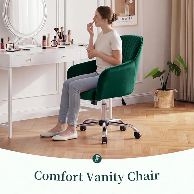 Warmiehomy Desk Chair, Velvet Office Chair for Home Office, Comfy Vanity Chair, Girl Cute Makeup Chair with Arm Rest for Bedroom Dressing Room, Green