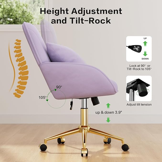 Home Office Desk Chair Comfy with Adjustable Swivel Wheels, Modern Velvet Makeup Vanity Chair with Back & Pillow, Ergonomic Office Chair Computer Task Chair for Living Room, Bedroom, Purple