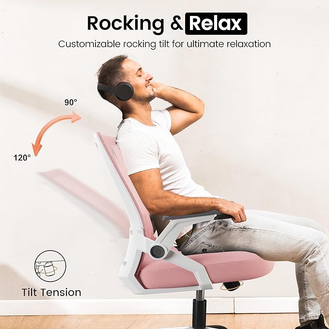 GTPOFFICE Ergonomic Office Chair, Computer Desk Chair Comfy with Adjustable Lumbar Support, Mid-Back Mesh Office Chair with Flip-up Armrest, Tilt Function Task Chair for Home, Bedroom, Gaming, Pink