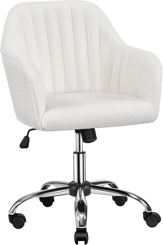 Yaheetech Boucle Desk Vanity Chair with Back Comfy Office Rolling Chair with Wheels Ergonomic Height Adjustable Swivel Modern Accent Armchair for Bedroom Ivory