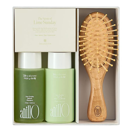 anillO Lime Sunday Refresh Hair Shampoo & Conditioner with Brush Set - Deep Cleansing & Damage Repair Korean Hair Care with Tangerine, Proteins & Ceramides - Silicone & Sulfate Free (2EA, 1.85 fl oz)