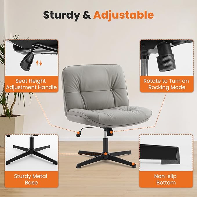 Sweetcrispy Armless-Office Desk Chair Without Wheels, Cross Legged Wide Chair, PU Leather Comfortable Adjustable Swivel Computer Task Chairs for Home,Office,Make Up,Small Space,Bed Room Grey