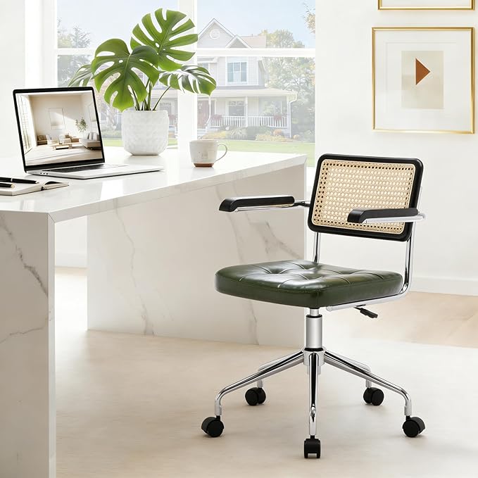 Zesthouse Modern Home Office Chair Leather Desk Chair with Rattan Back, Vanity Chair for Girls Women, Upholstered Tufted Swivel Armchair for Bedroom, Height Adjustable Computer Task Chair