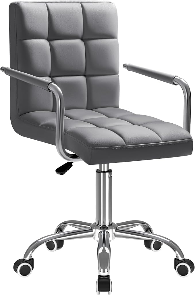 Furmax Vanity Office Chair with Wheels,Makeup PU Leather Executive Chair Modern Adjustable Home Desk Retro Comfortable Work Chair 360 Degree Swivel with Arms (Grey)