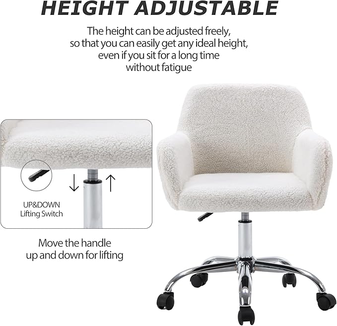 KCC Faux Fur Vanity Makeup Desk Chair, Comfy Fluffy Swivel Modern Leisure Armchair with Wheels, Upholstered Fuzzy Height Adjustable for Teens Women Girls Elegant Home Office