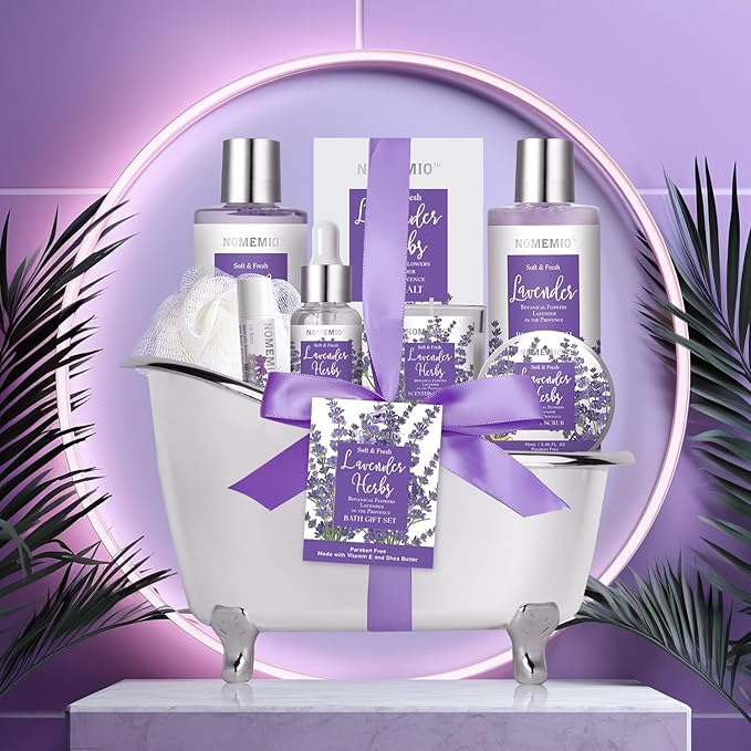 Valentine's Day Gift for Women, Spa Gift Basket for Women, 8pcs Lavender Spa Kit Set with Body Wash, Bubble Bath, Scrub, Bath & Beauty Skin Care Gift Sets, Christmas Gifts Set for Women, Her, Mom
