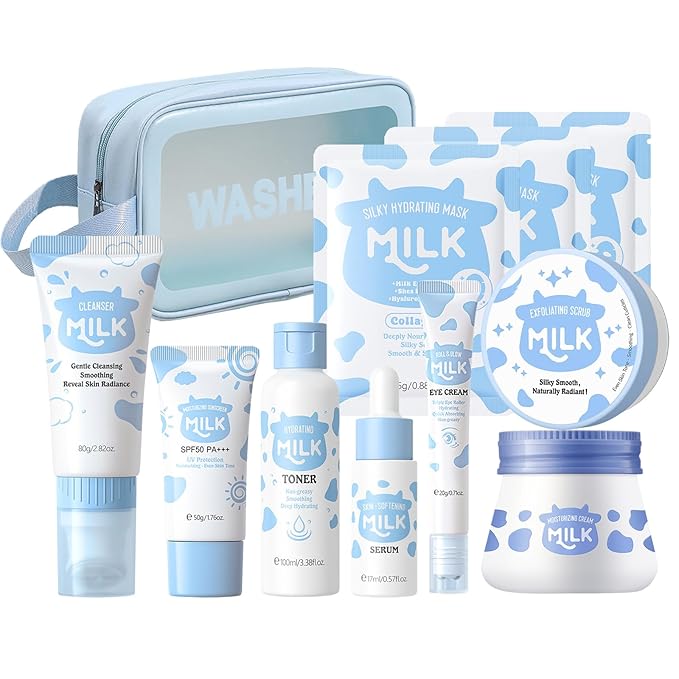 Milk Skincare Set 11-in-1 for Kids & Teens Girls, Gentle Milk Extract Face Care Kit with Cleanser, Eye Cream, Sunscreen, Toner, Serum, Face Moisturiser, Masks, Exfoliating Scrub, Makeup Bag (Set A)