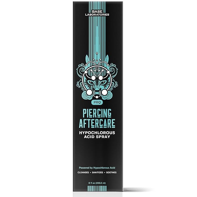 BASE LABORATORIES Piercing Aftercare Hypochlorous Acid Spray PRO - 8 OZ | Ear Piercing Cleaner | Saline Solution Piercing Aftercare - Saline Spray for Piercings, Bumps & Keloids | Ear, Nose, Belly