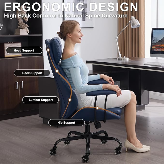 Office Chair, Leather Desk Chair with Rubber Wheels, Ergonomic Computer Chair 500 LBS with Lumbar Support, High Back Executive Chair for Modern Home Office, Blue