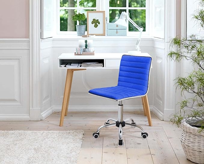 Furmax Vanity Office Desk Chair with Wheels, Armless Small Cute Leather Makeup Computer Task Chair Adjustable Height 360° Swivel (Blue)