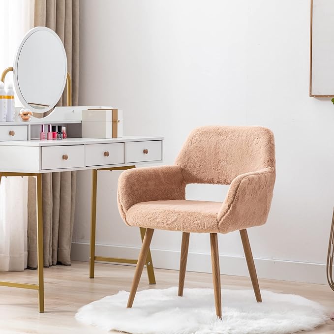 KCC Furry Desk Chair Set of 2, Mid-Century Modern Accent Faux Fur Chair for Teen Girls, Comfy Armchair with Wood Look Metal Legs for Living Room, Home Vanity Makeup Office Desk Chairs No Wheel,Camel