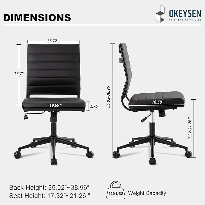 Okeysen Office Desk Chair No Arms, Mid Back Ergonomic Swivel Black Armless Conference Room Chairs, Adjustable Height PU Leather Home Desk Chair, Modern Small Rolling Computer Task Chair