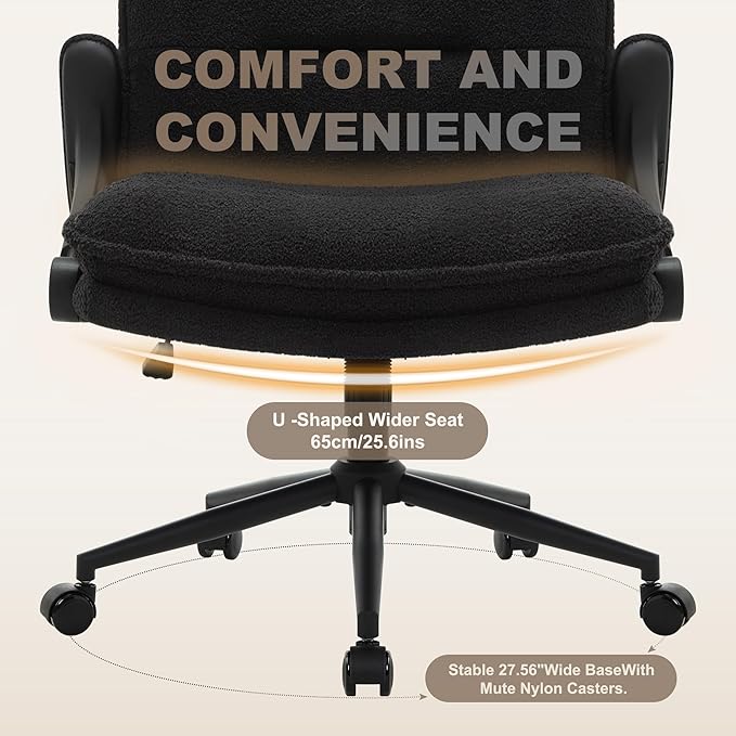 Criss Cross Legged Office Chair with Wheels and Flip-Up Arms, Ergonomic Wide Seat Desk Chair with Thick Padded, Height Adjustable Criss Cross Chairs for Home Office, Bedroom,Apartment,Vanity,Black