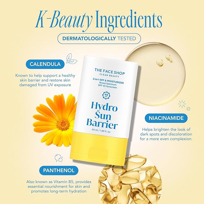 THE FACE SHOP Hydro Sun Barrier Moisturizer SPF 45, Daily Hydrating Facial Sunscreen & Moisturizer, for Oily Skin, Formulated with Calendula & Niacinamide, No White Cast, 1.69 Fl. Oz.