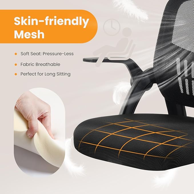 NEWBULIG Office Chair - Ergonomic Desk Chair with Lumbar Support, Mesh Computer Executive Rolling Chairs, Swivel Task Chairs with Wheels, Comfy Flip-up Arms for Bedroom, Study, Student Black
