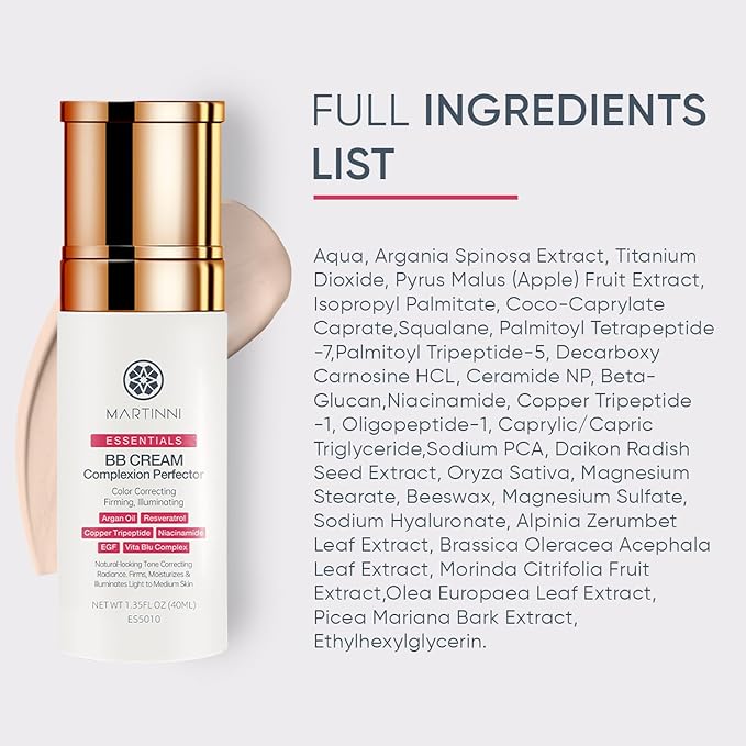 Martinni Lightweight BB Cream Complexion Perfector, 1.35 fl oz – Anti-Aging Tinted Moisturizer for Face – Reduces Fine Lines & Wrinkles, Radiant Natural Glow