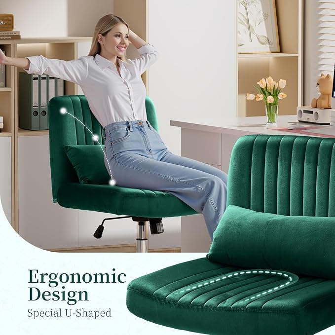 Warmiehomy Velvet Criss Cross Office Chair with Wheels, Luxury Cross Legged Desk Chair for Bedroom, Armless Wide Seat Computer Chair, Modern Vanity Chair, Gift for Teens & Girlfriend, Dark Green