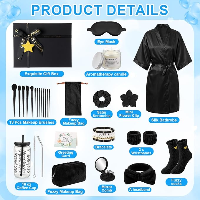 15 Pcs Birthday Gifts for Women Robe Sets for Women Spa Basket Set Graduation Gifts Bath Robe Make up Brushes Scented Candle Fluffy Socks Coffee Cup for Mom Nurse Girlfriend Wife(Black)