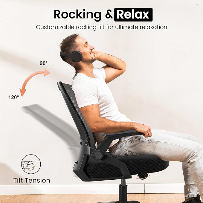 GTPOFFICE Ergonomic Office Chair, Computer Desk Chair Comfy with Adjustable Lumbar Support, Mid-Back Mesh Office Chair with Flip-up Armrest, Tilt Function Task Chair for Home, Bedroom, Gaming, Black