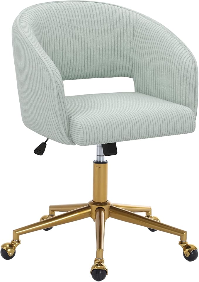 Home Office Swivel Desk Chair, Modern Corduroy Vanity Chair, Height Adjustable Armchair with Gold Base, Ergonomic Office Chair for Task Study Computer Room, Light Blue